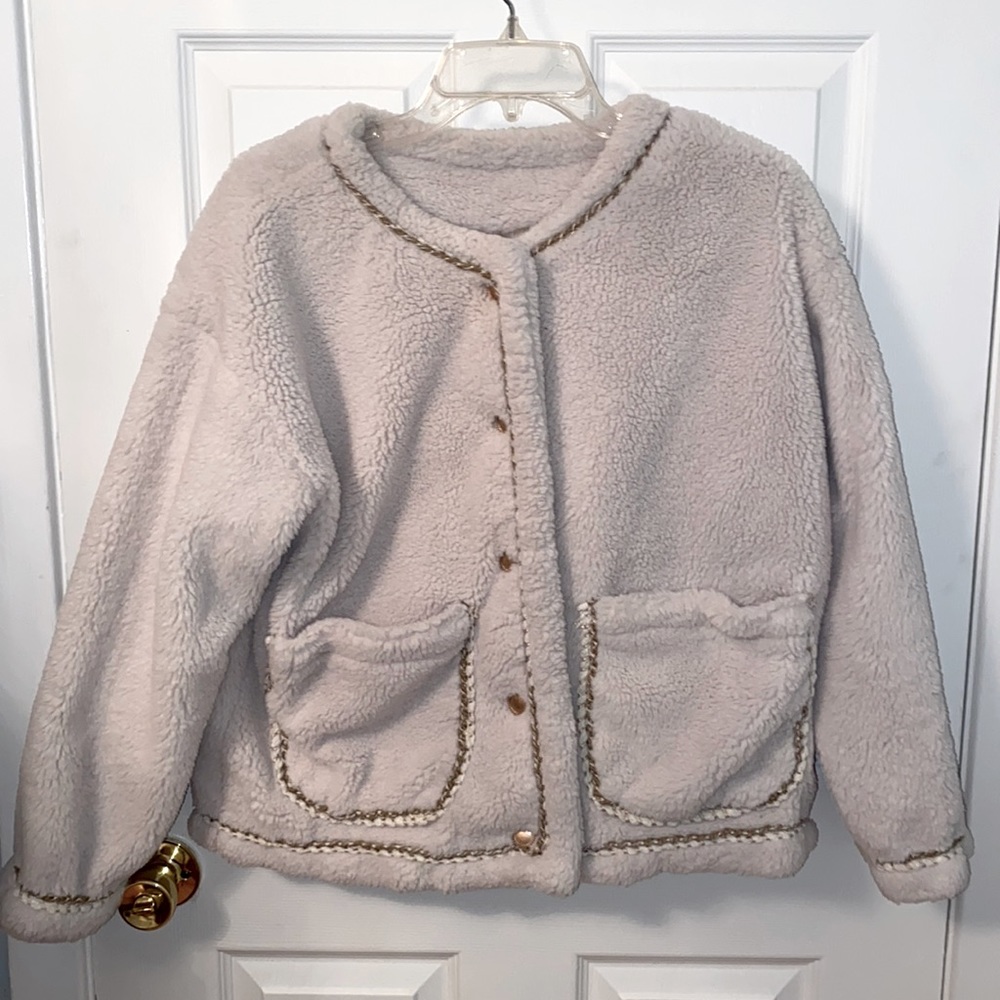 Shein DAZY Oversized Oatmeal Fleece Teddy Jacket with Bronze Accent